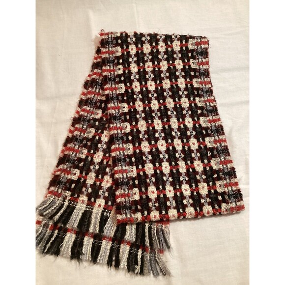 V. FRAAS GERMANY Black White Red Plaid Fringed Scarf 68" X 10" Acrylic RN#66349 - Picture 1 of 9